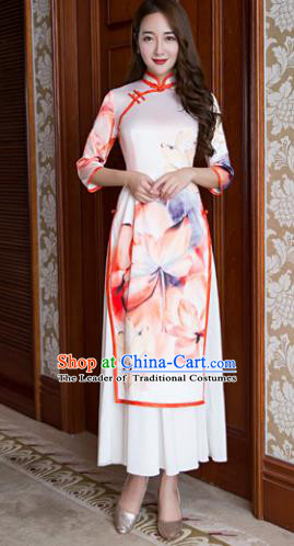 Top Grade Chinese Elegant Ink Painting Lotus Pink Cheongsam Traditional China Tang Suit Qipao Dress for Women