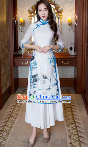 Top Grade Chinese Elegant Printing Blue Cheongsam Traditional China Tang Suit Qipao Dress for Women