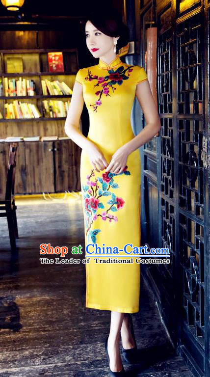 Traditional Top Grade Chinese Elegant Printing Yellow Cheongsam China Tang Suit Qipao Dress for Women