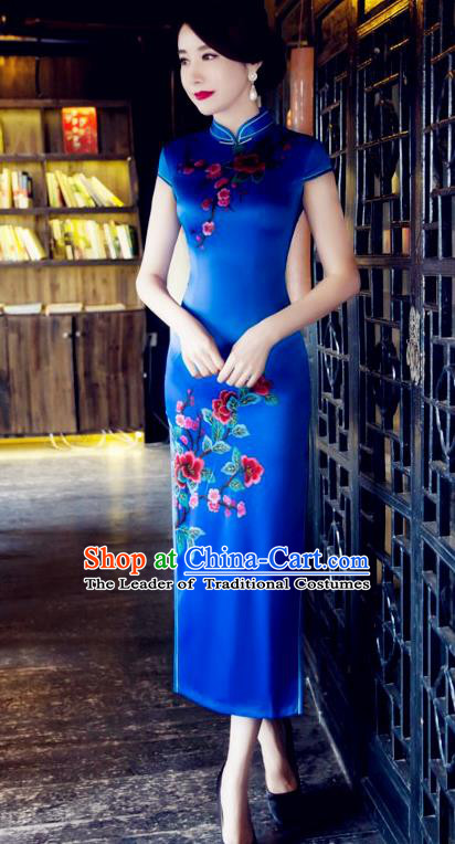 Traditional Top Grade Chinese Elegant Printing Blue Cheongsam China Tang Suit Qipao Dress for Women