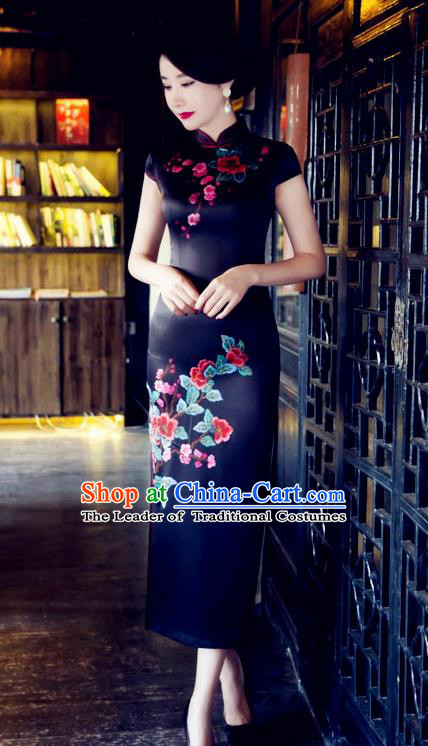 Traditional Top Grade Chinese Elegant Printing Black Cheongsam China Tang Suit Qipao Dress for Women