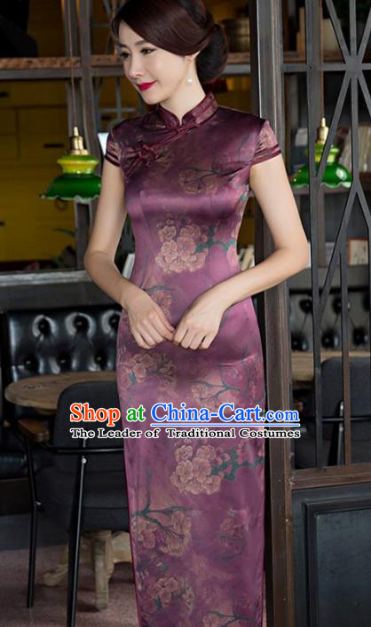 Traditional Top Grade Chinese Elegant Printing Cheongsam China Tang Suit Purple Qipao Dress for Women