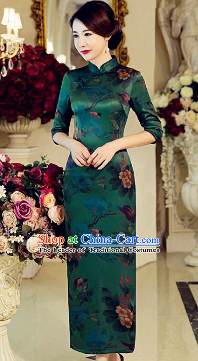 Traditional Top Grade Chinese Elegant Printing Green Silk Cheongsam China Tang Suit Qipao Dress for Women