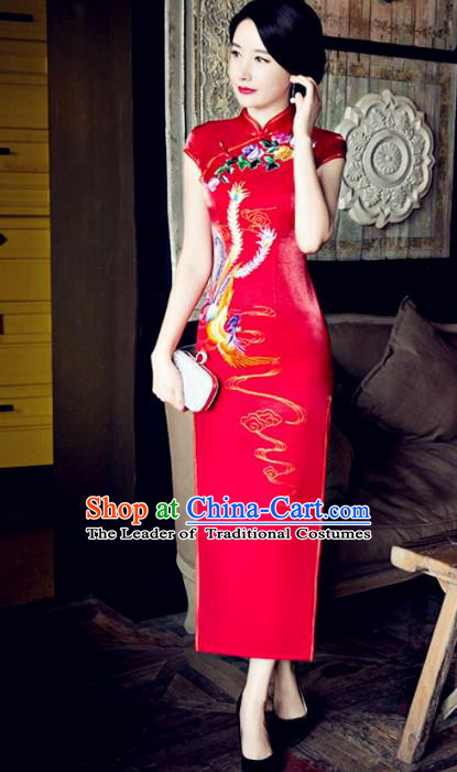 Traditional Top Grade Chinese Elegant Printing Phoenix Red Cheongsam China Tang Suit Qipao Dress for Women