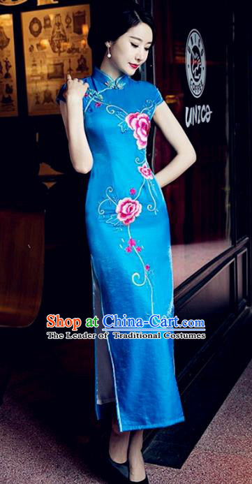 Traditional Top Grade Chinese Elegant Printing Peony Blue Cheongsam China Tang Suit Qipao Dress for Women