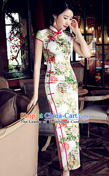 Traditional Chinese Elegant Cheongsam China Tang Suit Printing Peony Qipao Dress for Women