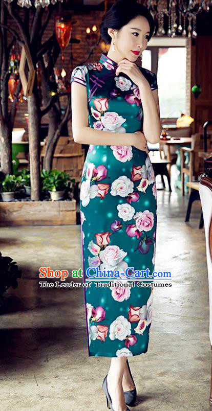 Traditional Chinese Elegant Cheongsam China Tang Suit Printing Rose Green Qipao Dress for Women