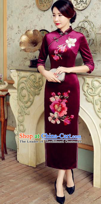 Traditional Chinese Elegant Printing Purple Velvet Cheongsam China Tang Suit Qipao Dress for Women