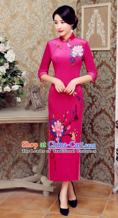 Traditional Chinese Elegant Printing Rosy Velvet Cheongsam China Tang Suit Qipao Dress for Women