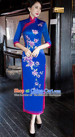 Traditional Chinese Elegant Printing Royalblue Silk Cheongsam China Tang Suit Qipao Dress for Women