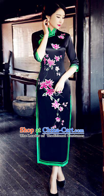 Traditional Chinese Elegant Printing Black Silk Cheongsam China Tang Suit Qipao Dress for Women