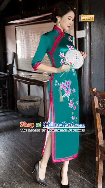 Traditional Chinese Elegant Printing Green Silk Cheongsam China Tang Suit Qipao Dress for Women