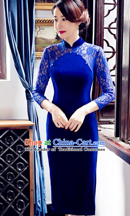 Traditional Chinese Elegant Velvet Cheongsam China Tang Suit Blue Lace Qipao Dress for Women