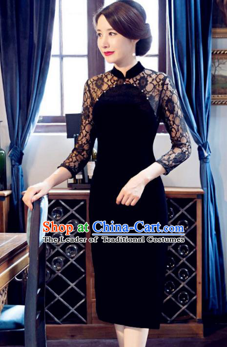 Traditional Chinese Elegant Velvet Cheongsam China Tang Suit Black Lace Qipao Dress for Women