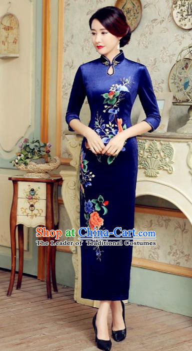 Traditional Chinese Elegant Cheongsam China Tang Suit Printing Peony Blue Velvet Qipao Dress for Women