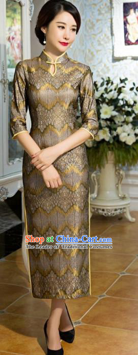 Traditional Chinese Elegant Golden Lace Cheongsam China Tang Suit Qipao Dress for Women