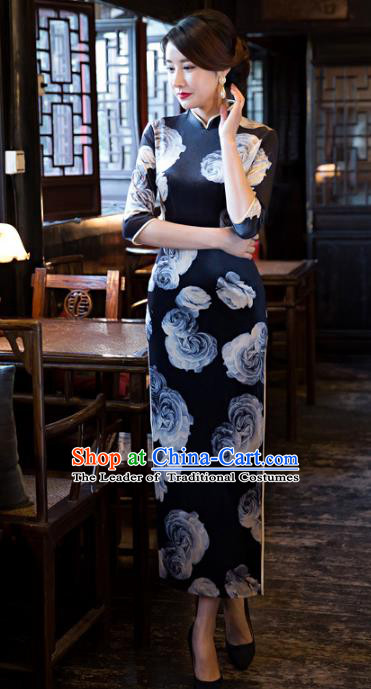 Traditional Chinese Elegant Printing Rose Navy Cheongsam China Tang Suit Qipao Dress for Women