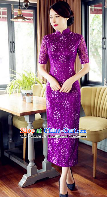 Chinese Traditional Costume Elegant Cheongsam China Tang Suit Purple Qipao Dress for Women