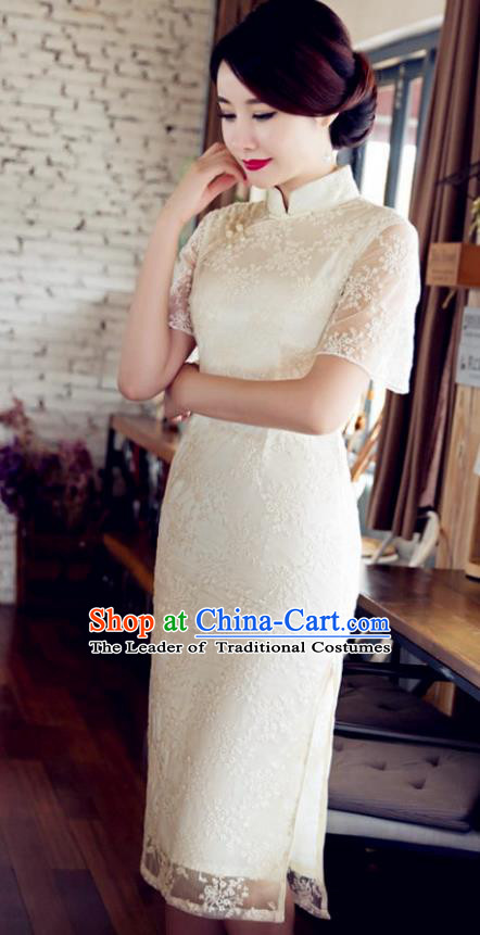 Chinese Traditional Costume Elegant Embroidered White Cheongsam China Tang Suit Qipao Dress for Women