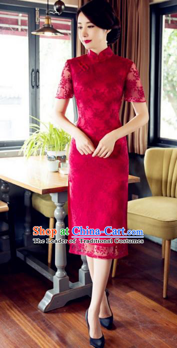 Chinese Traditional Costume Elegant Embroidered Red Cheongsam China Tang Suit Qipao Dress for Women