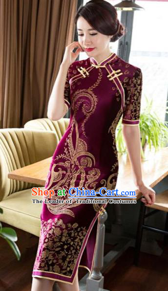 Chinese Traditional Costume Elegant Purple Velvet Cheongsam China Tang Suit Qipao Dress for Women
