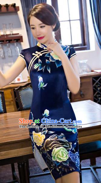 Chinese Traditional Costume Elegant Printing Peony Navy Silk Cheongsam China Tang Suit Qipao Dress for Women
