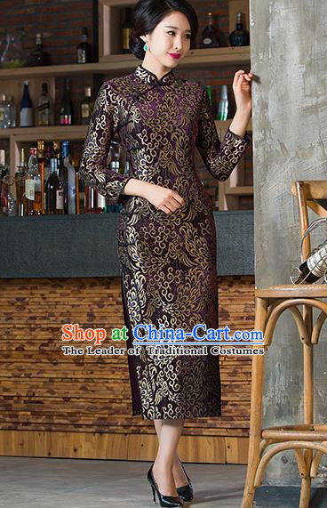 Chinese Traditional Costume Elegant Cheongsam China Tang Suit Purple Qipao Dress for Women