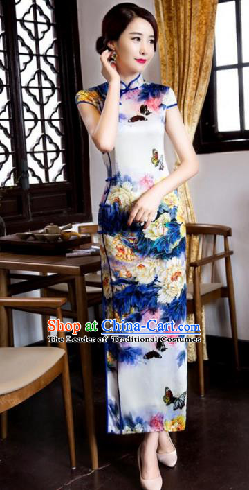 Chinese Traditional Costume Graceful Cheongsam China Tang Suit Printing Butterfly Qipao Dress for Women