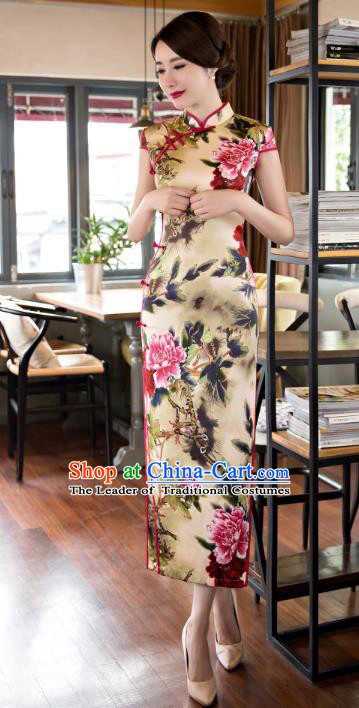 Chinese Traditional Costume Printing Peony Cheongsam China Tang Suit Silk Qipao Dress for Women