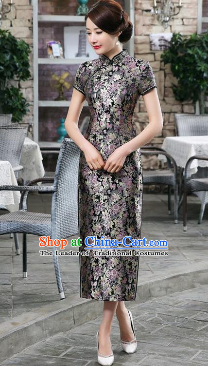 Chinese Traditional Costume Black Brocade Cheongsam China Tang Suit Silk Qipao Dress for Women