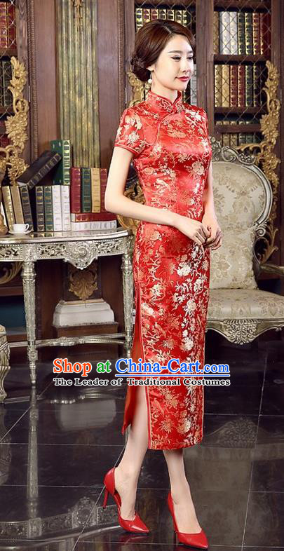 Chinese Traditional Costume Red Brocade Cheongsam China Tang Suit Silk Qipao Dress for Women