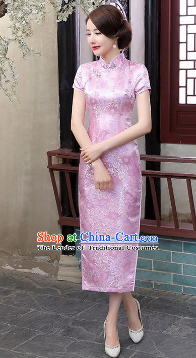 Chinese Traditional Costume Cheongsam China Tang Suit Pink Brocade Qipao Dress for Women