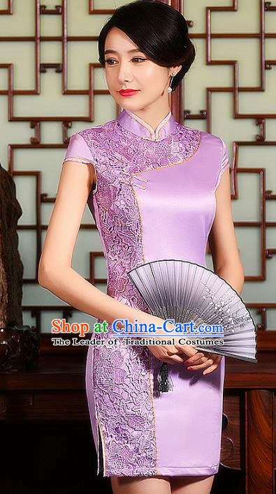 Chinese Traditional Costume Cheongsam China Tang Suit Lilac Lace Qipao Dress for Women