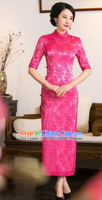 Chinese Traditional Costume Rosy Cheongsam China Tang Suit Qipao Dress for Women