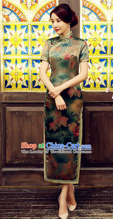 Chinese Traditional Costume Printing Lotus Cheongsam China Tang Suit Silk Qipao Dress for Women