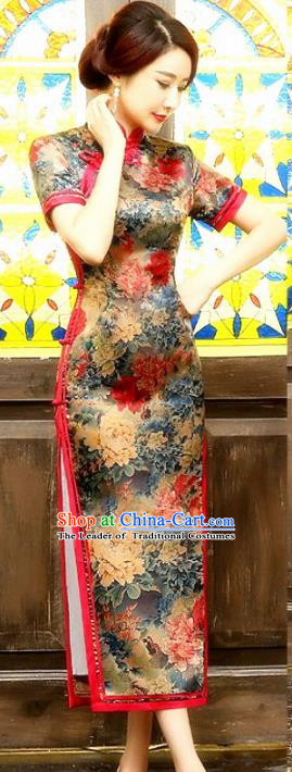 Chinese Traditional Costume Printing Peony Cheongsam China Tang Suit Silk Qipao Dress for Women