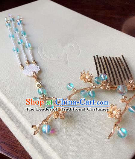 Traditional Handmade Chinese Ancient Classical Hair Accessories Blue Beads Tassel Hair Comb Hairpins for Women