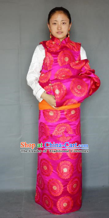 Chinese Traditional Zang Nationality Rosy Brocade Tibetan Robe, China Tibetan Ethnic Heishui Dance Costume for Women