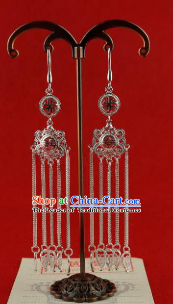 Chinese Traditional Zang Nationality Silver Long Tassel Earrings Accessories, China Tibetan Ethnic Eardrop for Women
