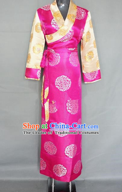 Chinese Zang Nationality Rosy Brocade Tibetan Dress, China Traditional Tibetan Ethnic Heishui Dance Costume for Women