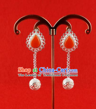 Chinese Traditional Zang Nationality Handmade Sliver Bells Tassel Earrings, China Tibetan Ethnic Eardrop for Women
