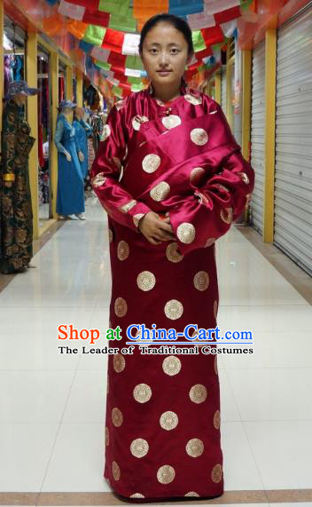 Chinese Zang Nationality Wine Red Tibetan Robe, China Traditional Tibetan Ethnic Heishui Dance Costume for Women