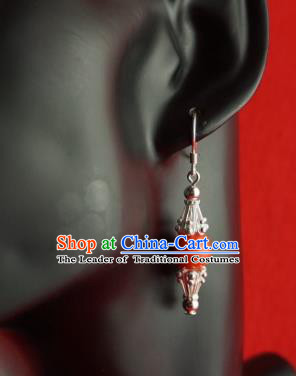 Chinese Traditional Zang Nationality Jewelry Accessories Sliver Earrings, China Tibetan Ethnic Red Bead Eardrop for Women