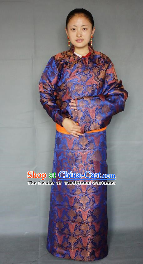Chinese Zang Nationality Deep Blue Tibetan Robe, China Traditional Tibetan Ethnic Heishui Dance Costume for Women