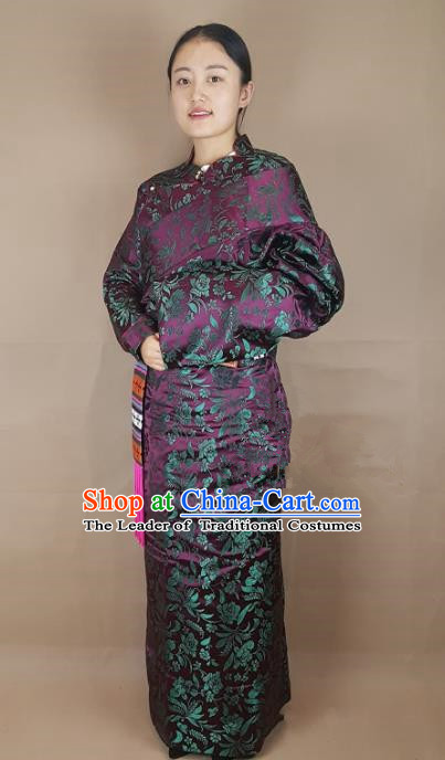 Chinese Zang Nationality Deep Purple Brocade Tibetan Robe, China Traditional Tibetan Ethnic Costume for Women