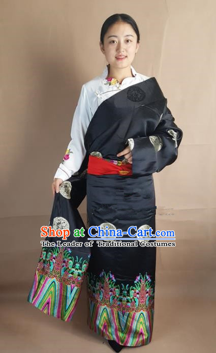 Chinese Zang Nationality Folk Dance Black Brocade Tibetan Robe, China Traditional Tibetan Ethnic Costume for Women
