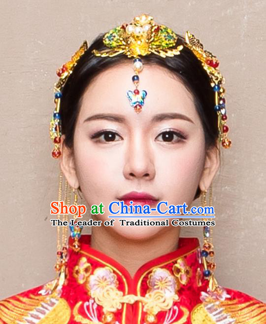 Chinese Traditional Handmade Wedding Blueing Butterfly Hair Accessories, China Ancient Bride Phoenix Coronet Hairpins for Women
