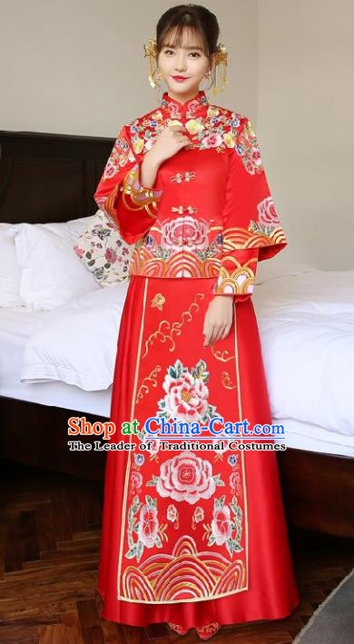 Chinese Traditional Wedding Bottom Drawer Ancient Bride Costume Embroidered Xiuhe Suit Red Full Dress for Women