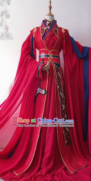 Chinese Ancient Nobility Childe Royal Highness Red Costume Cosplay Swordsman Embroidered Wedding Clothing for Men