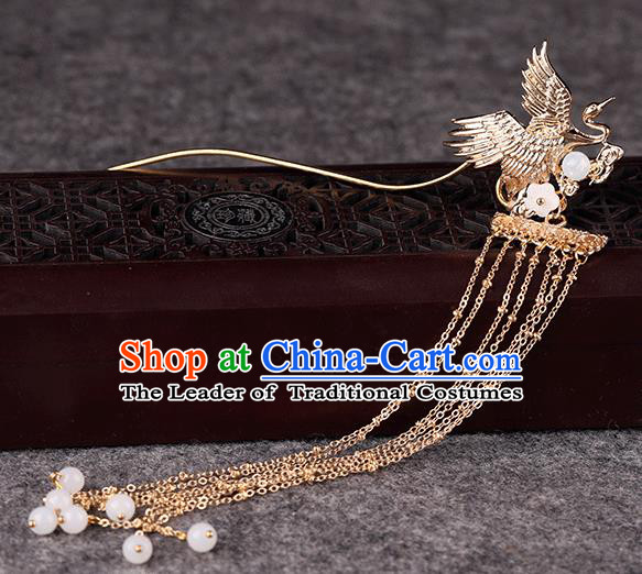 Chinese Traditional Handmade Hair Accessories Ancient Tassel Hairpins Hanfu Golden Phoenix Hair Clip for Women